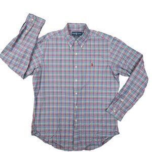 Ralph Lauren Vintage Men's Blue Madras Plaid Classic Fit Button Shirt size Large